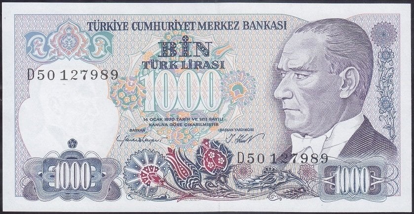 7.Emisyon 1.Tertip 1000 Lira D50 127989 Çil