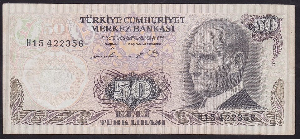 6.EMİSYON 1.TERTİP 50 LİRA H15 422356 ÇOK TEMİZ eski para