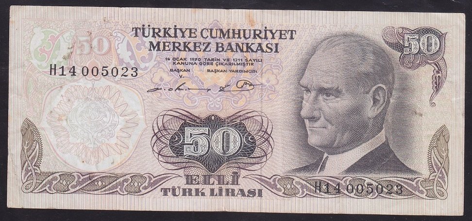 6.EMİSYON 1.TERTİP 50 LİRA H14 005023 ÇOK TEMİZ eski para