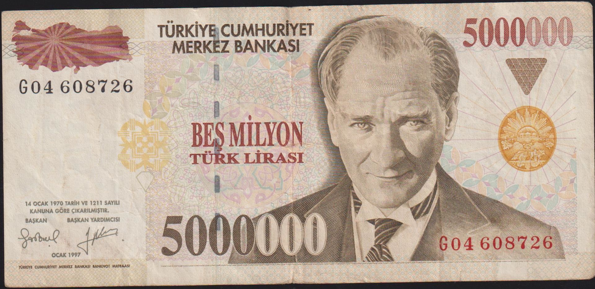 7.Emisyon 5 000 000 Lira G04 608726 Çok Temiz