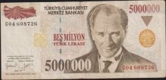 7.Emisyon 5 000 000 Lira G04 608726 Çok Temiz