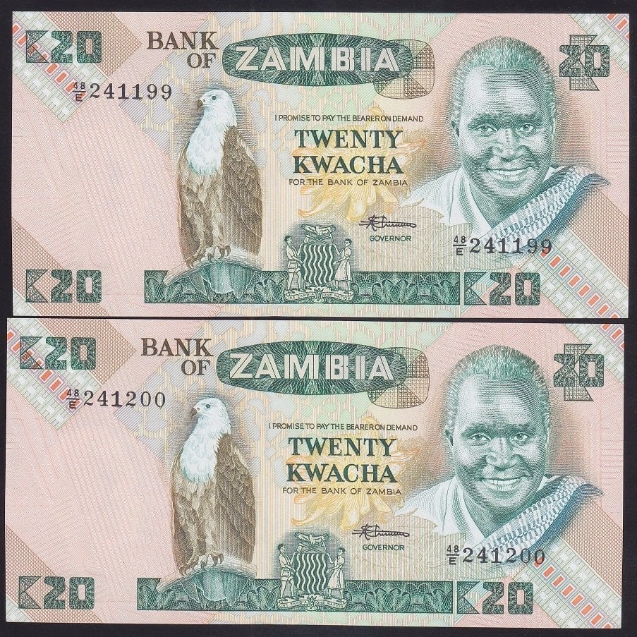 Zambia 20 Kwacha 1980 ÇİL Pick 27e - Seri Takipli 199 - 200