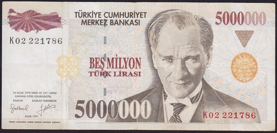 7.Emisyon 5 000 000 Lira K02 221786 Çok Temiz+
