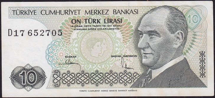 7.Emisyon 2.Tertip 10 Lira D17 652705 Çilaltı Çil ( Sararma var )