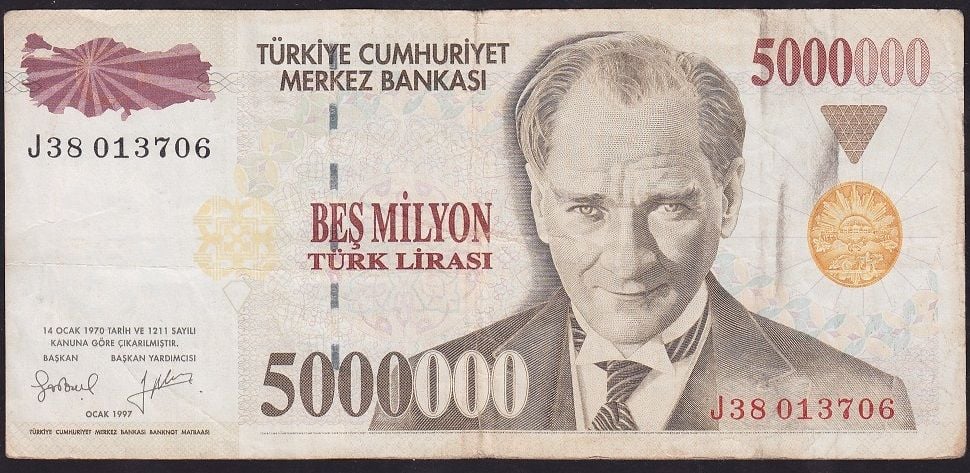 7.Emisyon 5 000 000 Lira J38 013706 Çok Temiz