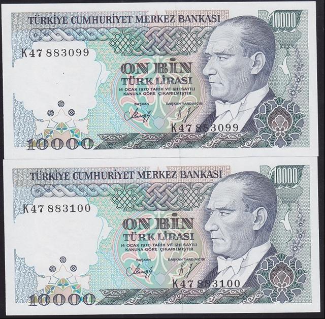 7.EMİSYON 4.TERTİP 10000 LİRA K47 883099 -100 SERİ TAKİPLİ 2 ADET ÇİL