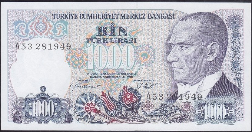 7.Emisyon 1.Tertip 1000 Lira A53 281949 Çil