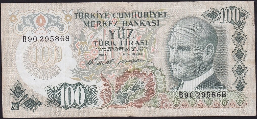 6.Emisyon 1.Tertip 100 Lira B90 295868 Çok Temiz+