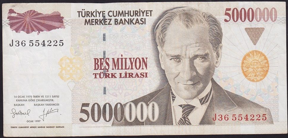 7.Emisyon 5 000 000 Lira J36 554225 Çok Temiz+