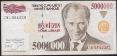 7.Emisyon 5 000 000 Lira J36 554225 Çok Temiz+