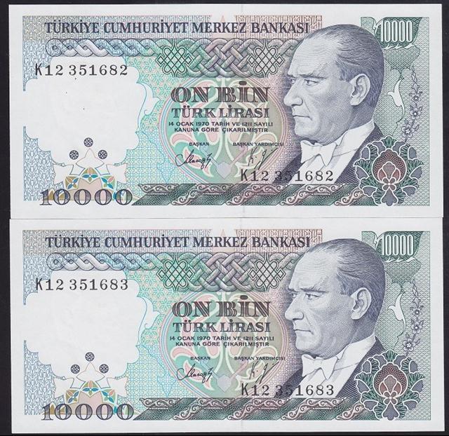 7.EMİSYON 4.TERTİP 10000 LİRA K12 351682 - 683 2 ADET SERİ TAKİPLİ  ÇİLALTI ÇİL