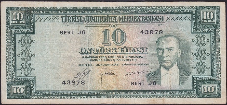 5.Emisyon 1.tertip 10 Lira J6 43878 Çok Temiz