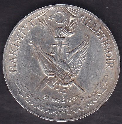1960 Yılı 10 Lira - Hakimiyet Milletindir İhtilal Gümüş ( 15 Gram )