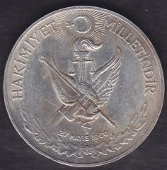 1960 Yılı 10 Lira - Hakimiyet Milletindir İhtilal Gümüş ( 15 Gram )