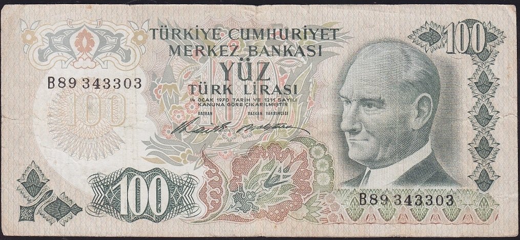 6.Emisyon 1.Tertip 100 Lira B89 343303 Çok Temiz