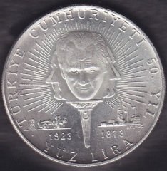 Türkiye Cumhuriyeti 50. Yıl 100 Lira 1973 Gümüş