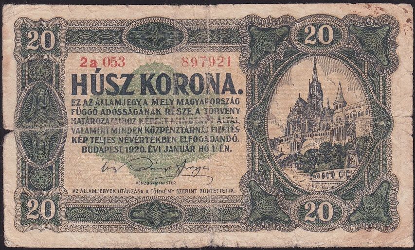 Macaristan 20 Korona 1920 Temiz