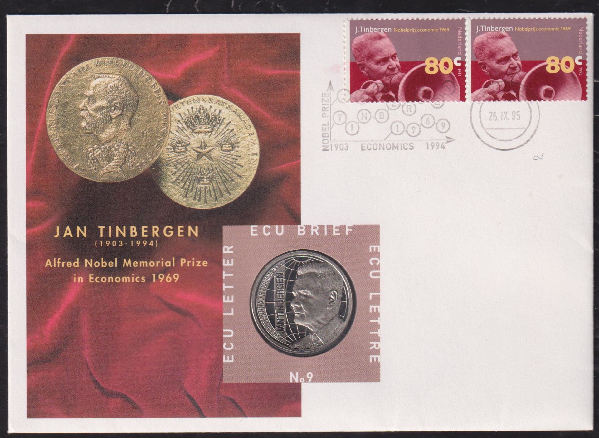 Hollanda 1 Ecu 1995 Folder Pullu ve Zarf Kapamada ( Jan Tinbergen )