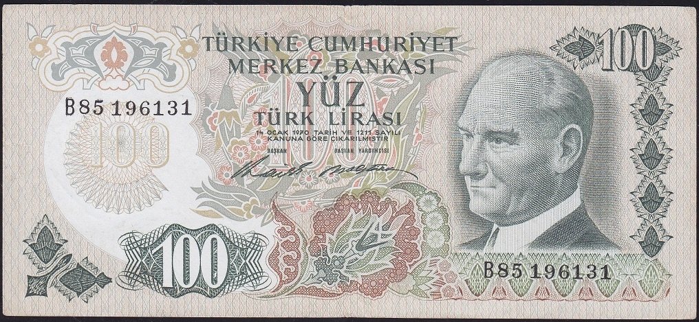 6.Emisyon 1.Tertip 100 Lira B85 196131 Çok Temiz+