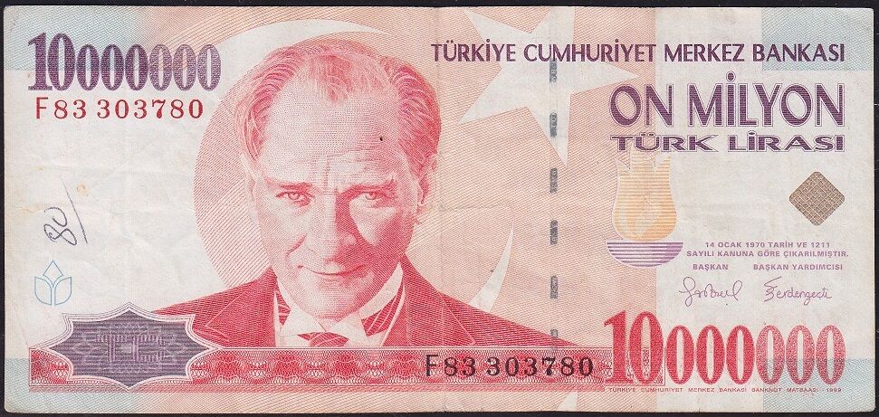 7.Emisyon 10 000 000 Lira F83 303780 Çok Temiz