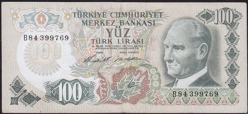 6.Emisyon 1.Tertip 100 Lira B84 399769 Çok Çok Temiz
