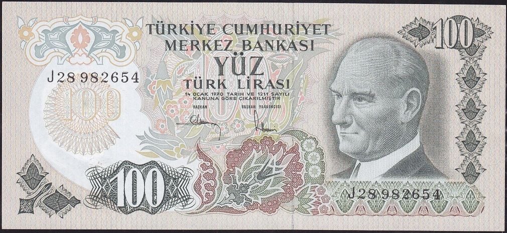 6.Emisyon 3.Tertip 100 Lira J28 982654 Çilaltı
