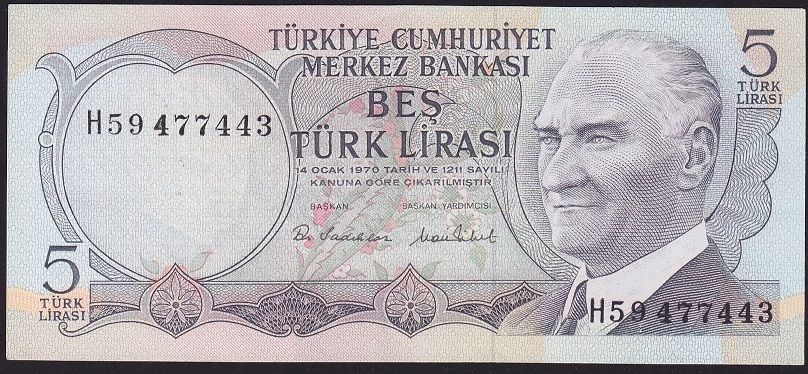 6.Emisyon 2.Tertip 5 Lira H59 477443 Ççt Çilaltı
