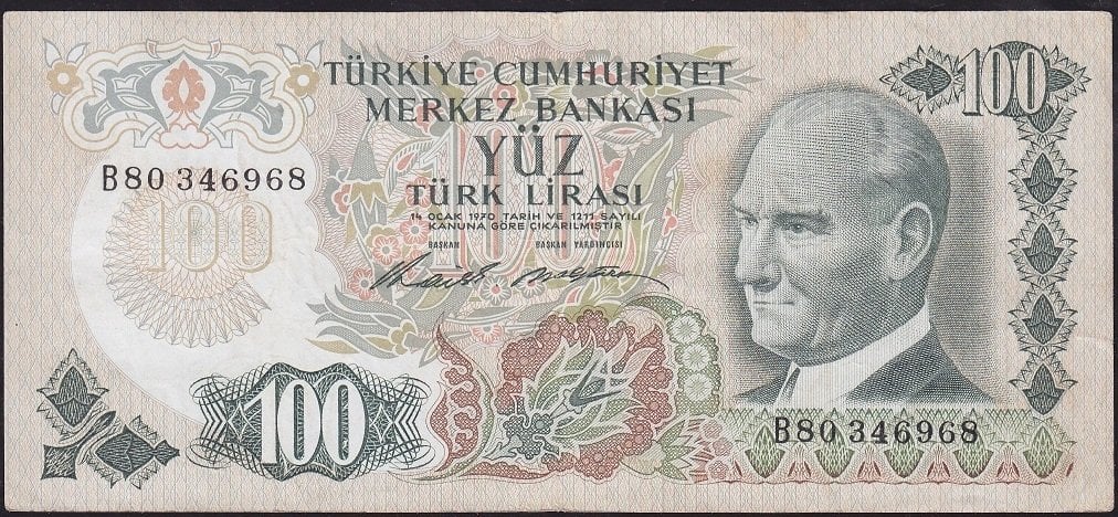 6.Emisyon 1.Tertip 100 Lira B80 346968 Çok Temiz+