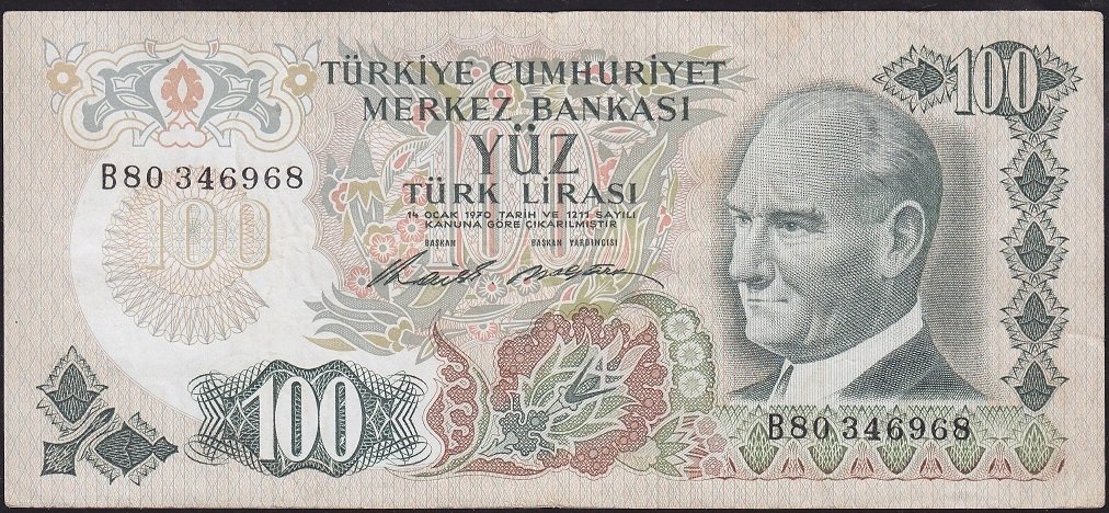 6.Emisyon 1.Tertip 100 Lira B80 346968 Çok Temiz+