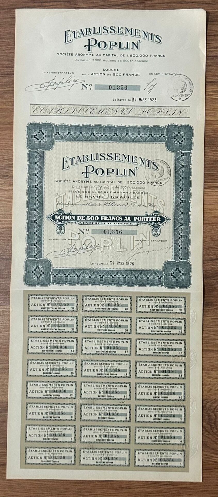 Hisse Senedi - Poplin 1923 ( 53 X 21 cm )