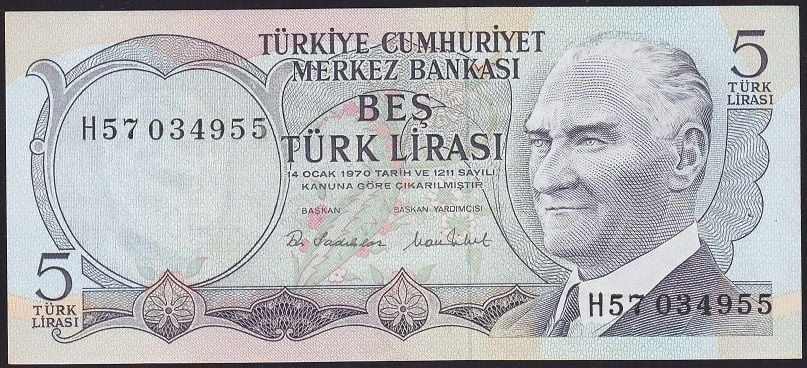 6.Emisyon 2.Tertip 5 Lira H57 034955 Çilaltı