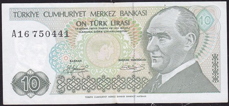 7.Emisyon 1.Tertip 10 Lira A16 850441 Çok Temiz+