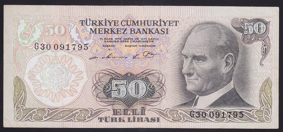 6.EMİSYON 1.TERTİP 50 LİRA G30 091795 ÇOK TEMİZ +