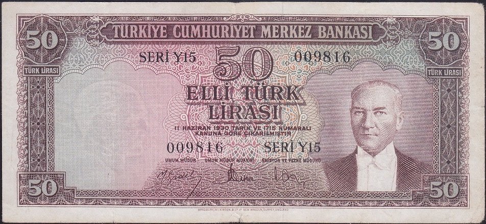 5.Emisyon 4.tertip 50 lira Y15 009816 Çok Temiz + (Düzeltme Var)
