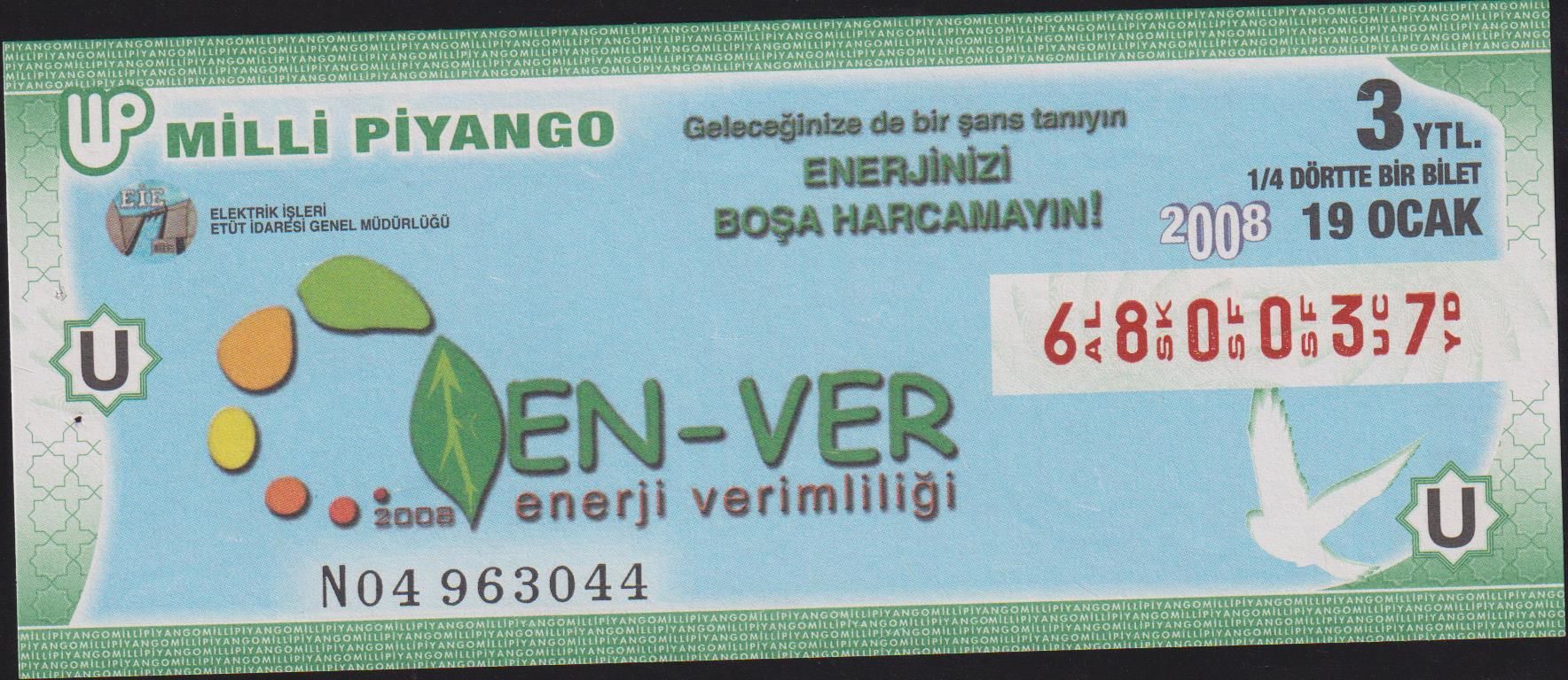 2008 19 Ocak Çeyrek Bilet U Serisi