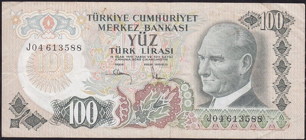 6.Emisyon 3.Tertip 100 Lira J04 613588 Çok Temiz