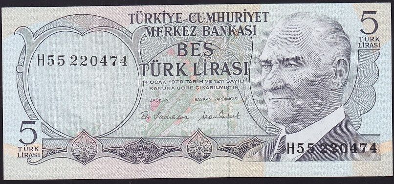 6.Emisyon 2.Tertip 5 Lira H55 220474 Ççt Çilaltı