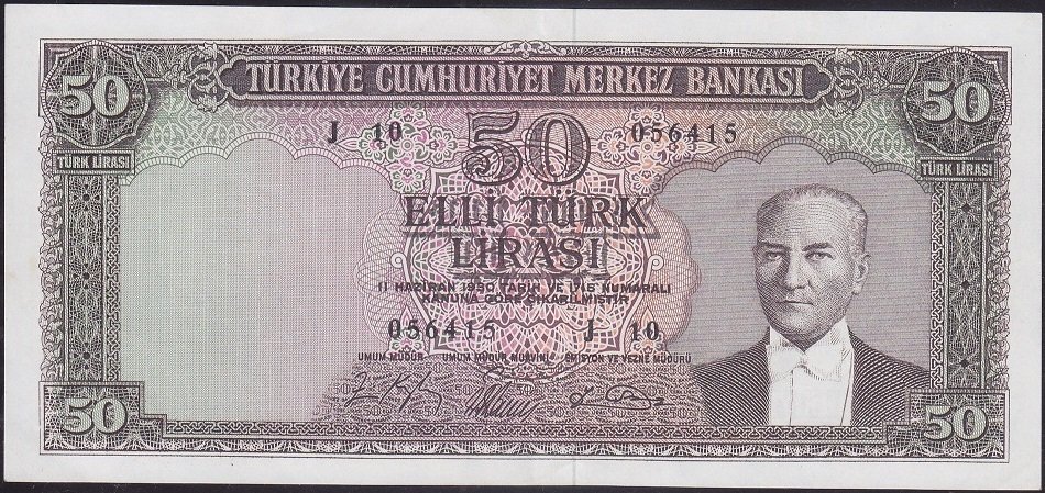 5.Emisyon 6.tertip 50 Lira J10 056415 Çok Çok Temiz +