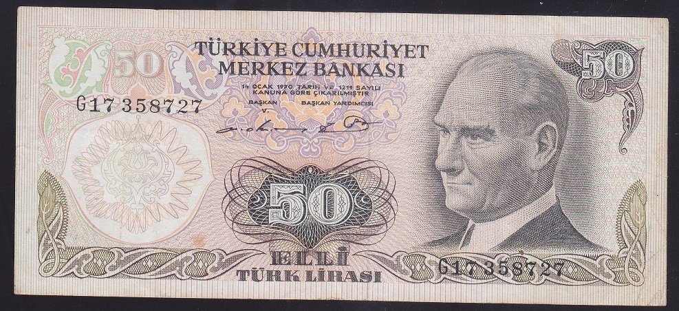 6.EMİSYON 1.TERTİP 50 LİRA G17 358727 ÇOK TEMİZ eski para