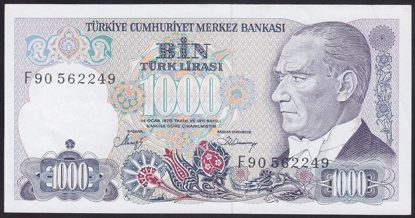 7.EMİSYON 2.TERTİP 1000 LİRA F90 562249 ÇİLALTI ÇİL (KULAKTA KIRIK VAR)