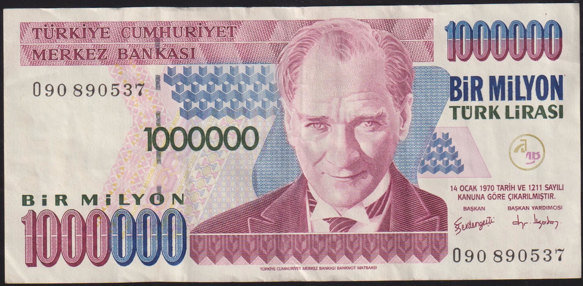 7.Emisyon 3.Tertip 1 000 000 Lira O90 890537 Çok Temiz +