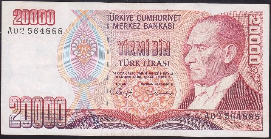 7.EMİSYON 1.TERTİP 20000 LİRA A02 564888 ÇOK TEMİZ +