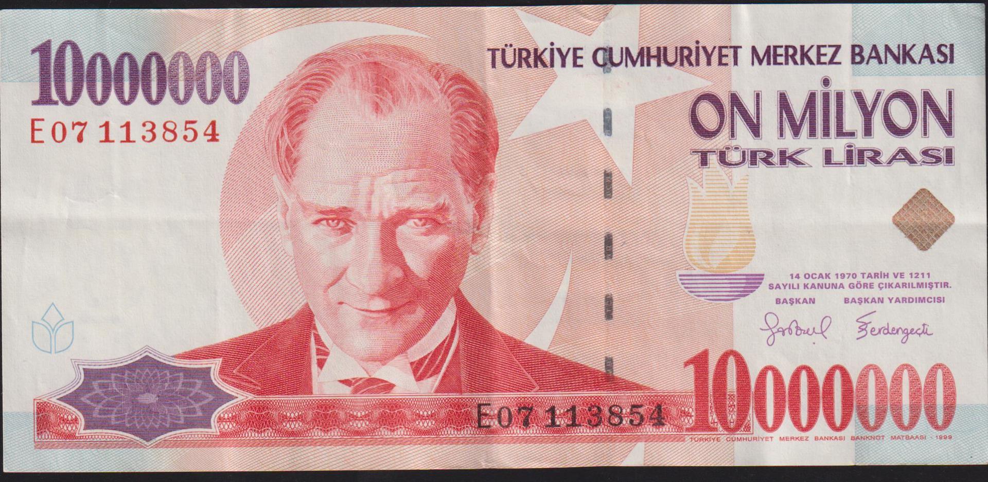7.Emisyon 10 000 000 Lira E07 113854 Çok Temiz+