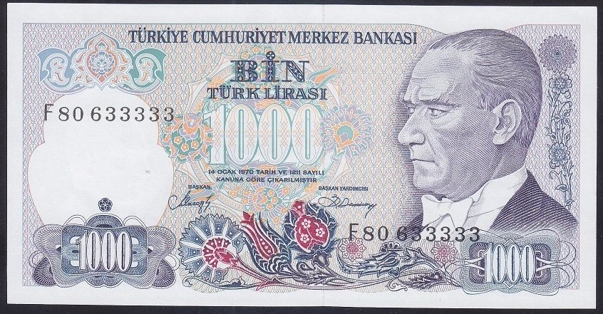 7.EMİSYON 2.TERTİP 1000 LİRA F80 633333 ÇİL
