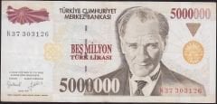 7.Emisyon 5 000 000 Lira K37 303126 Çok Temiz+