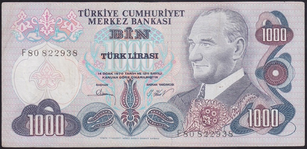 6.EMİSYON 3.TERTİP 1000 LİRA F80 822938 ÇOK TEMİZ