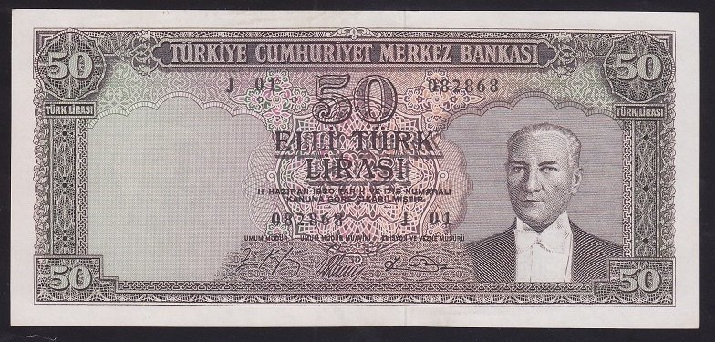 5.EMİSYON 6.TERTİP 50 LİRA J01 082868 ÇOK ÇOK TEMİZ + ( AÇIKLAMAYI OKUYUNUZ)