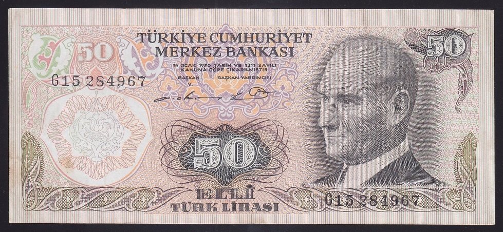 6.EMİSYON 1.TERTİP 50 LİRA G15 284967 ÇOK ÇOK TEMİZ