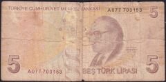 9.Emisyon 1.Tertip 5 Lira A077 703153 Temiz