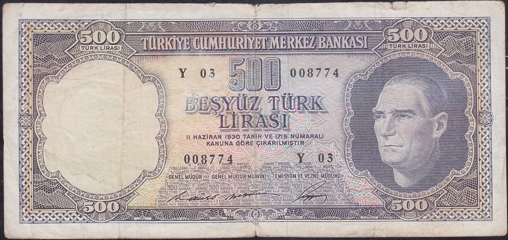 5.Emisyon 4.Tertip 500 Lira Y03 008774 Temiz